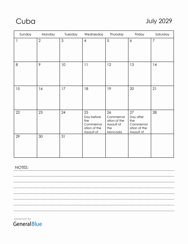 July 2029 Cuba Calendar with Holidays (Sunday Start)