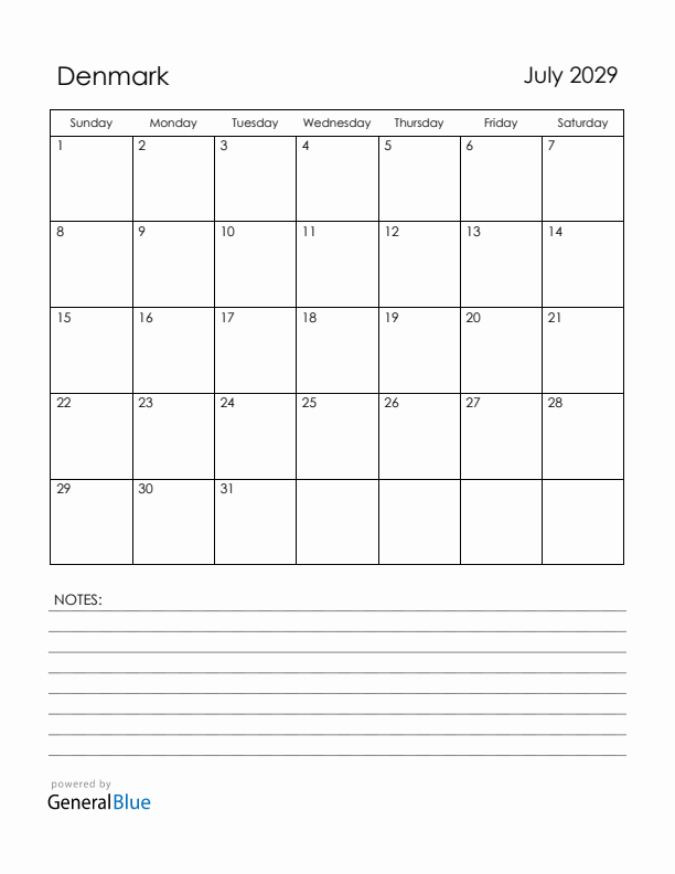 July 2029 Denmark Calendar with Holidays (Sunday Start)