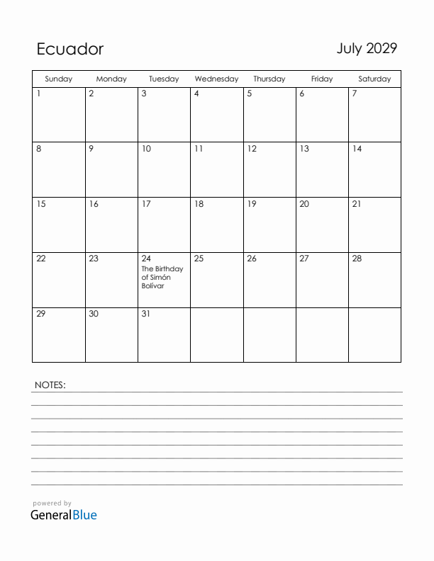 July 2029 Ecuador Calendar with Holidays (Sunday Start)