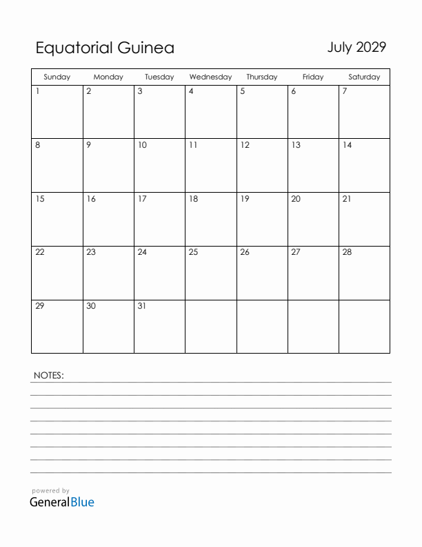 July 2029 Equatorial Guinea Calendar with Holidays (Sunday Start)