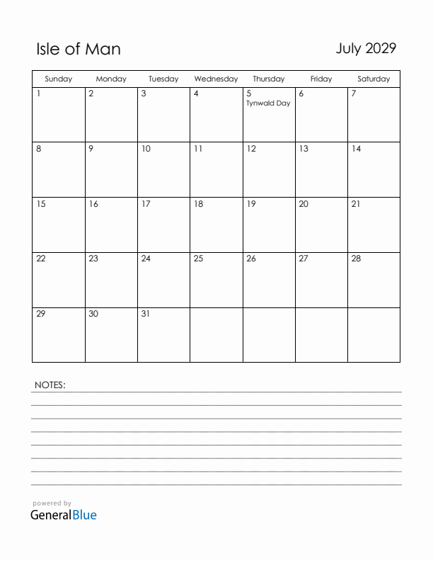 July 2029 Isle of Man Calendar with Holidays (Sunday Start)