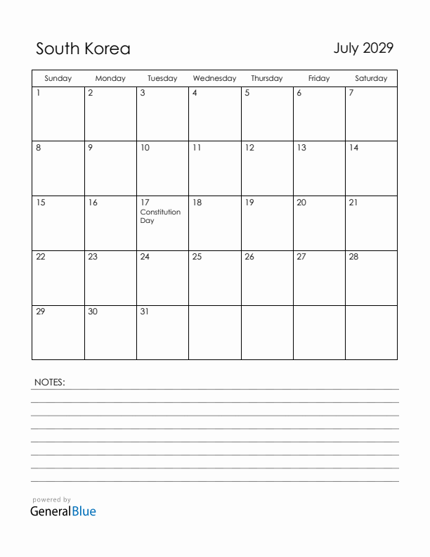 July 2029 South Korea Calendar with Holidays (Sunday Start)