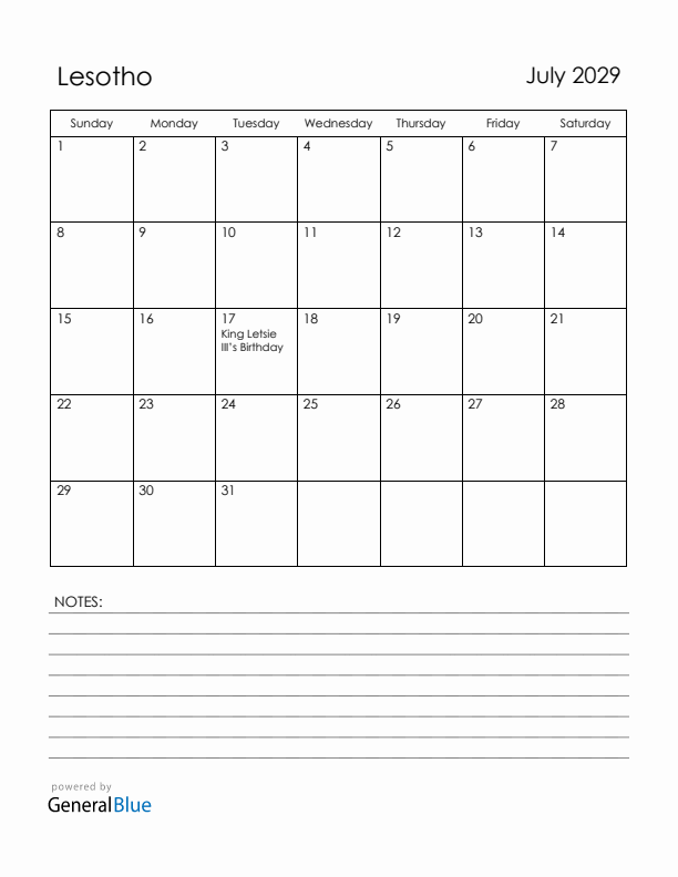 July 2029 Lesotho Calendar with Holidays (Sunday Start)