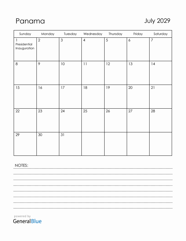 July 2029 Panama Calendar with Holidays (Sunday Start)