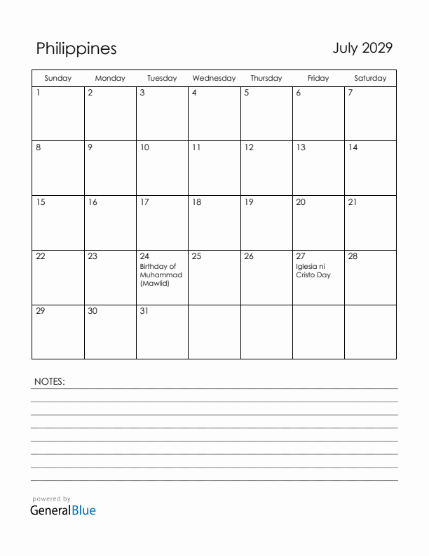 July 2029 Philippines Calendar with Holidays (Sunday Start)