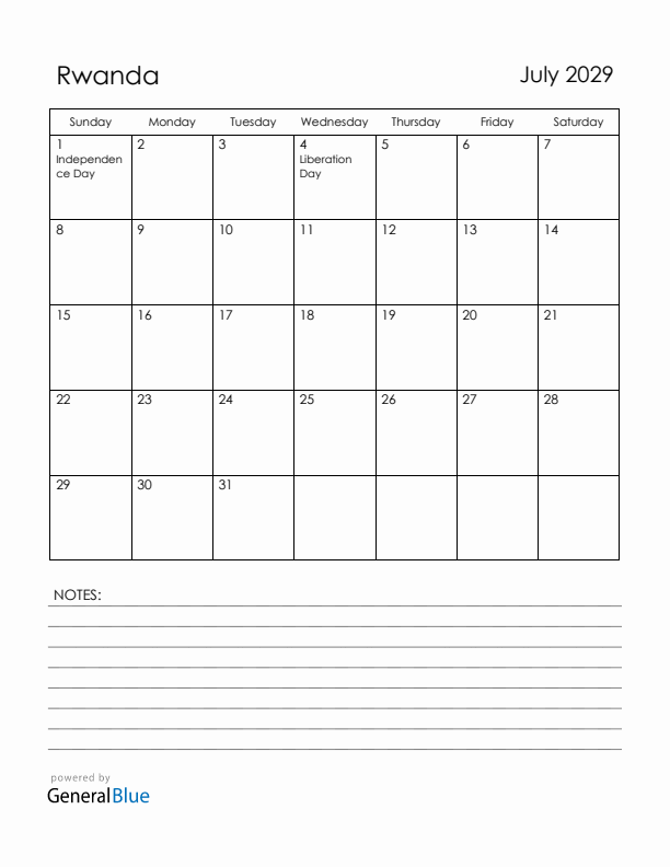 July 2029 Rwanda Calendar with Holidays (Sunday Start)