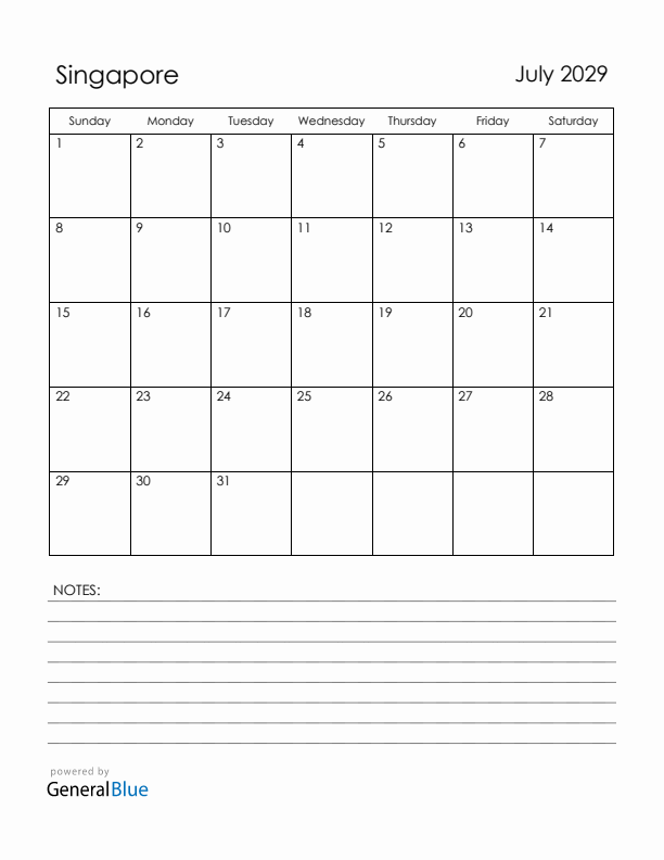 July 2029 Singapore Calendar with Holidays (Sunday Start)