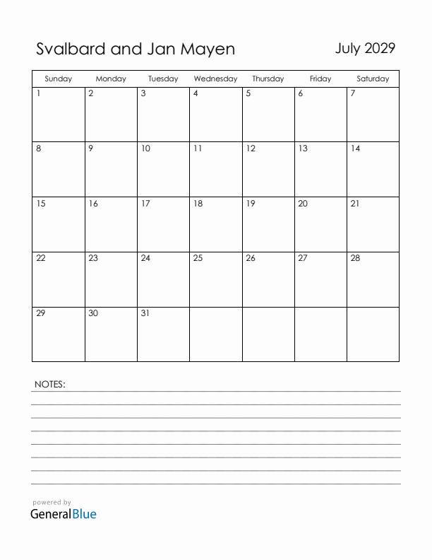 July 2029 Svalbard and Jan Mayen Calendar with Holidays (Sunday Start)