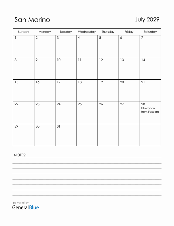 July 2029 San Marino Calendar with Holidays (Sunday Start)