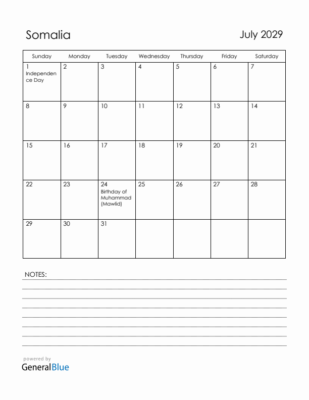 July 2029 Somalia Calendar with Holidays (Sunday Start)