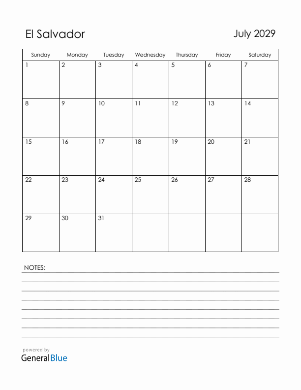 July 2029 El Salvador Calendar with Holidays (Sunday Start)