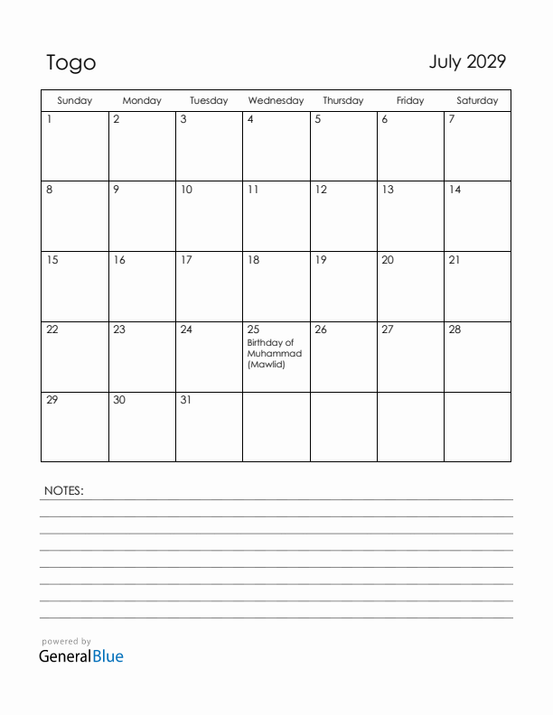 July 2029 Togo Calendar with Holidays (Sunday Start)