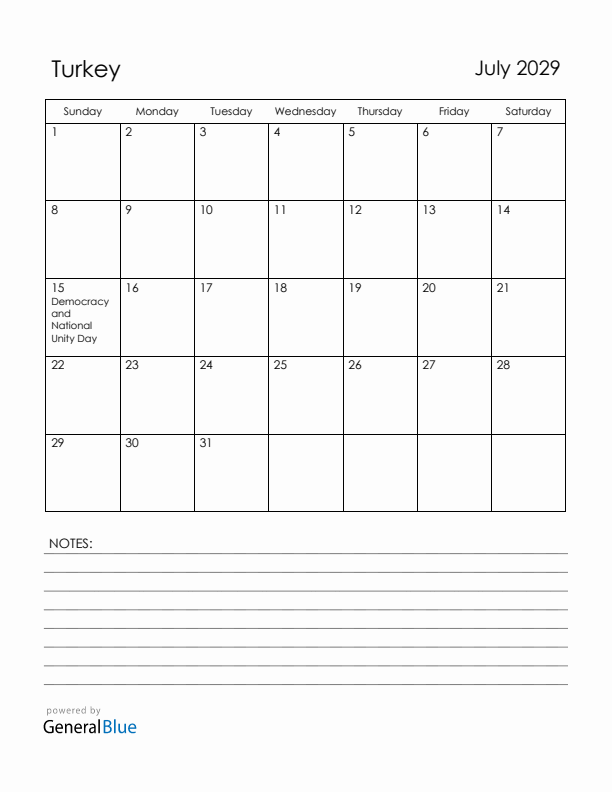 July 2029 Turkey Calendar with Holidays (Sunday Start)