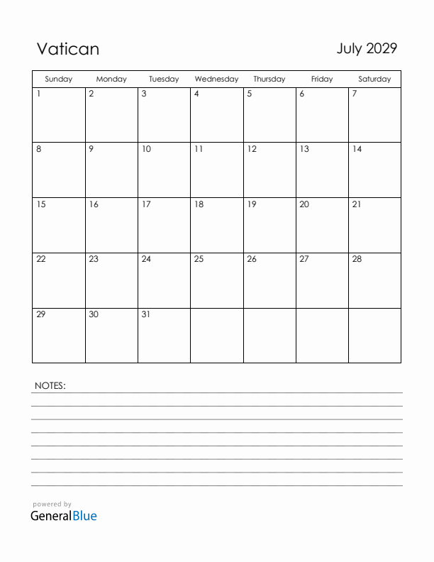 July 2029 Vatican Calendar with Holidays (Sunday Start)