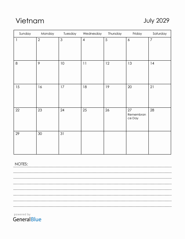 July 2029 Vietnam Calendar with Holidays (Sunday Start)