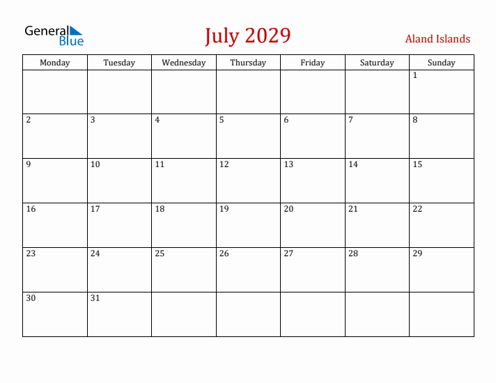 Aland Islands July 2029 Calendar - Monday Start