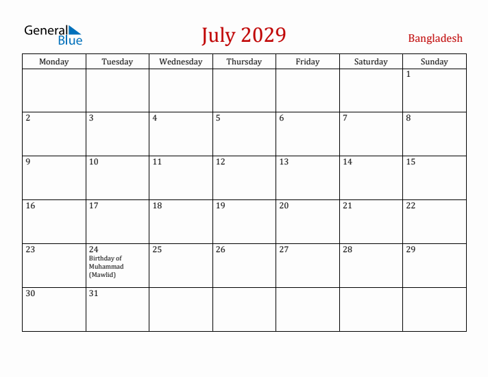 Bangladesh July 2029 Calendar - Monday Start