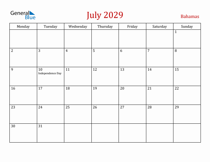 Bahamas July 2029 Calendar - Monday Start