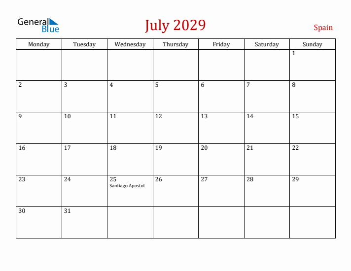 Spain July 2029 Calendar - Monday Start