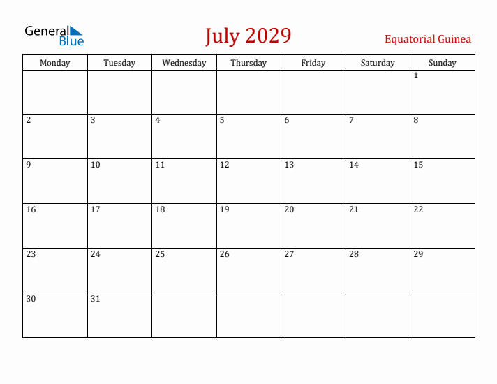 Equatorial Guinea July 2029 Calendar - Monday Start