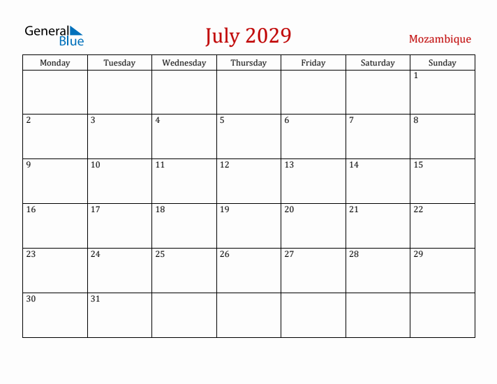 Mozambique July 2029 Calendar - Monday Start