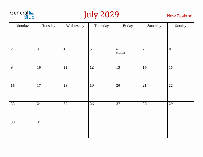 New Zealand July 2029 Calendar - Monday Start