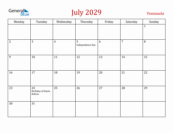 Venezuela July 2029 Calendar - Monday Start