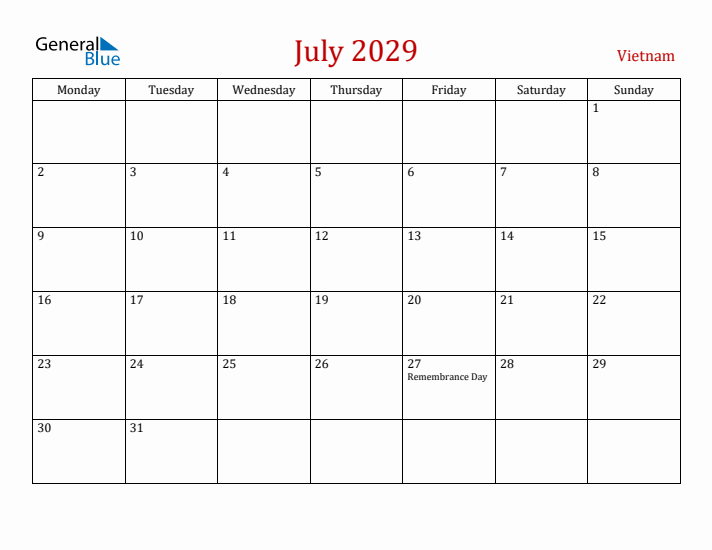 Vietnam July 2029 Calendar - Monday Start