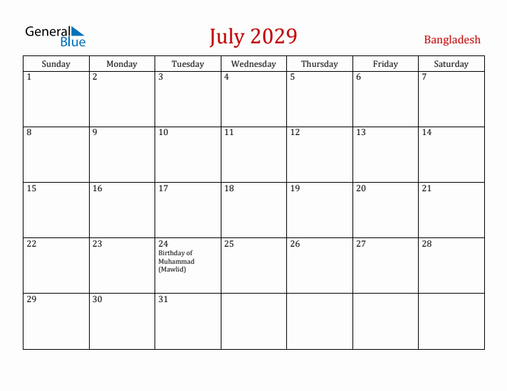 Bangladesh July 2029 Calendar - Sunday Start