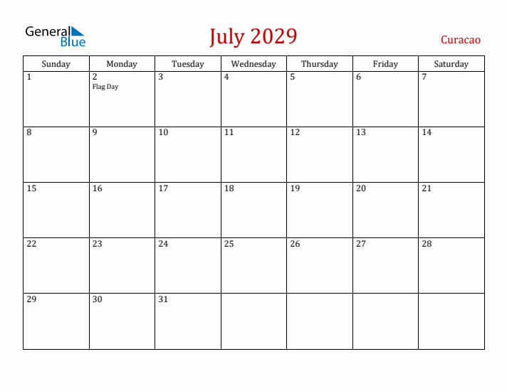 Curacao July 2029 Calendar - Sunday Start