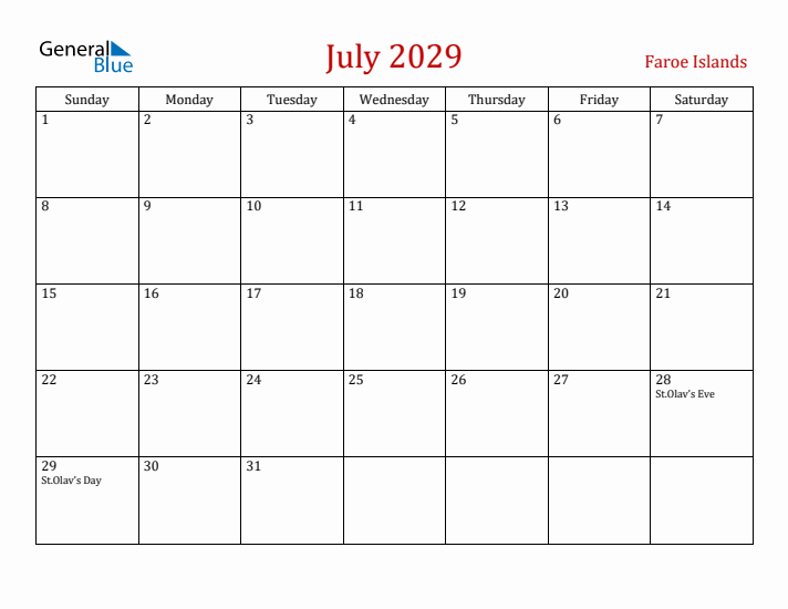 Faroe Islands July 2029 Calendar - Sunday Start