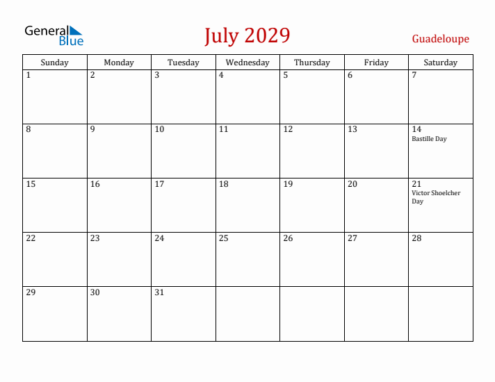 Guadeloupe July 2029 Calendar - Sunday Start