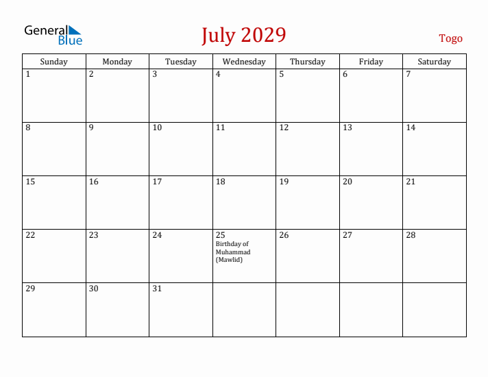 Togo July 2029 Calendar - Sunday Start