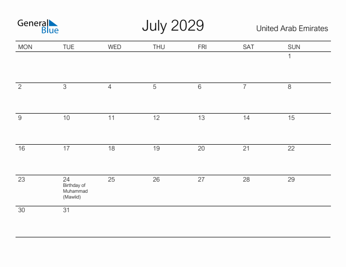 Printable July 2029 Calendar for United Arab Emirates