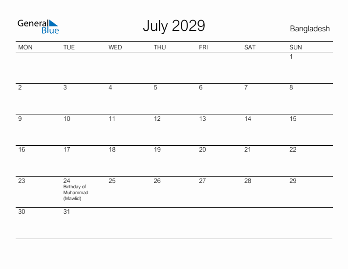 Printable July 2029 Calendar for Bangladesh