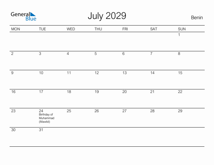 Printable July 2029 Calendar for Benin