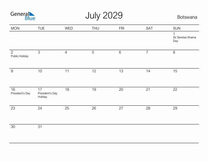 Printable July 2029 Calendar for Botswana