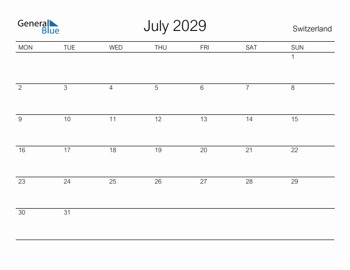 Printable July 2029 Calendar for Switzerland