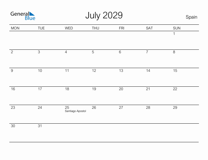 Printable July 2029 Calendar for Spain