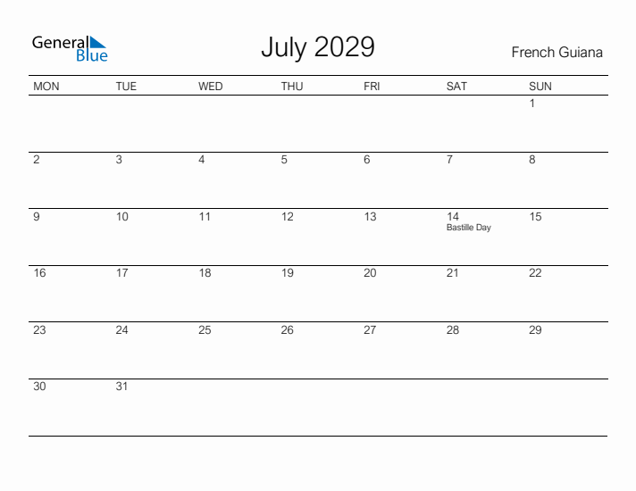 Printable July 2029 Calendar for French Guiana