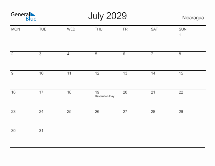 Printable July 2029 Calendar for Nicaragua