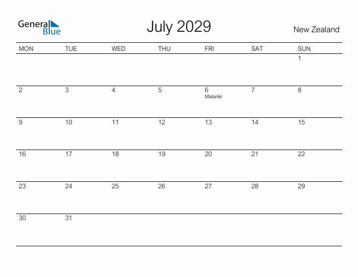 Printable July 2029 Calendar for New Zealand