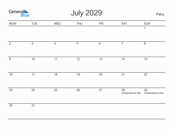 Printable July 2029 Calendar for Peru