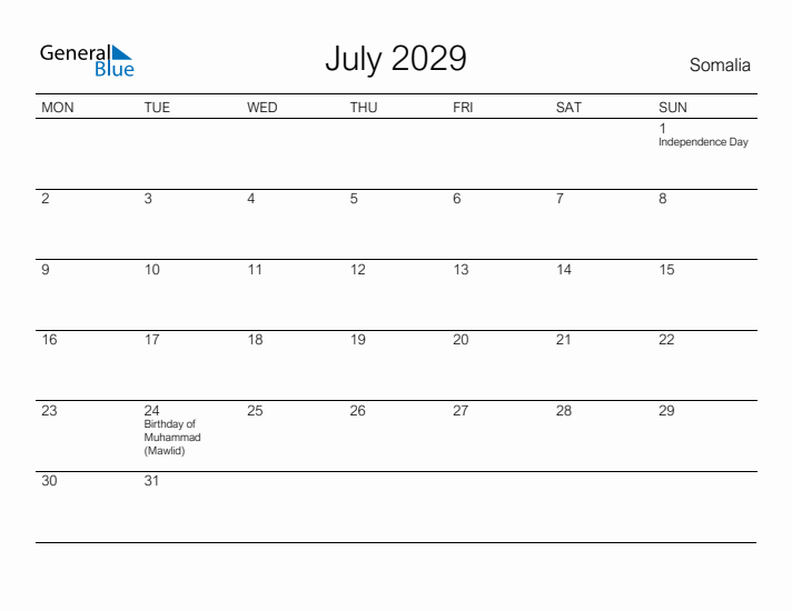 Printable July 2029 Calendar for Somalia