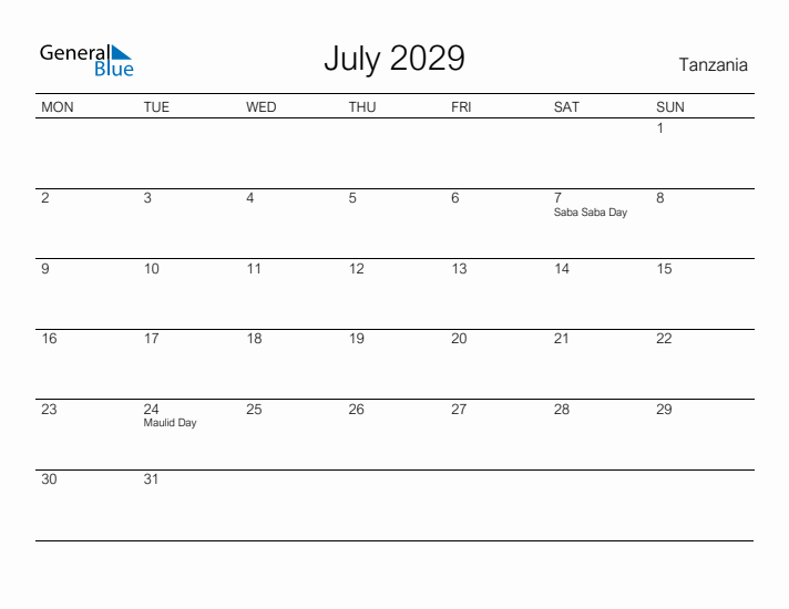 Printable July 2029 Calendar for Tanzania