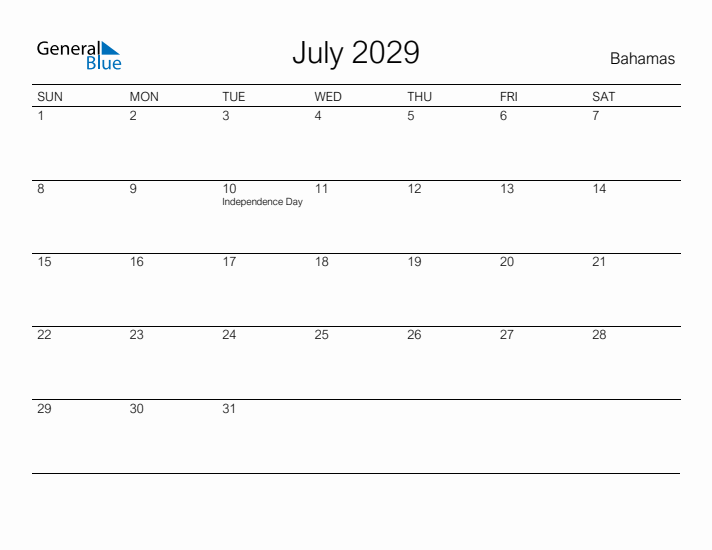 Printable July 2029 Calendar for Bahamas