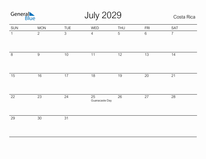 Printable July 2029 Calendar for Costa Rica