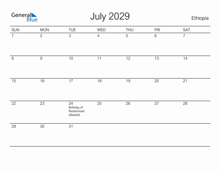 Printable July 2029 Calendar for Ethiopia