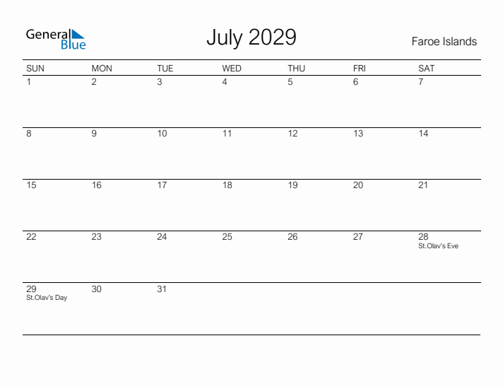 Printable July 2029 Calendar for Faroe Islands