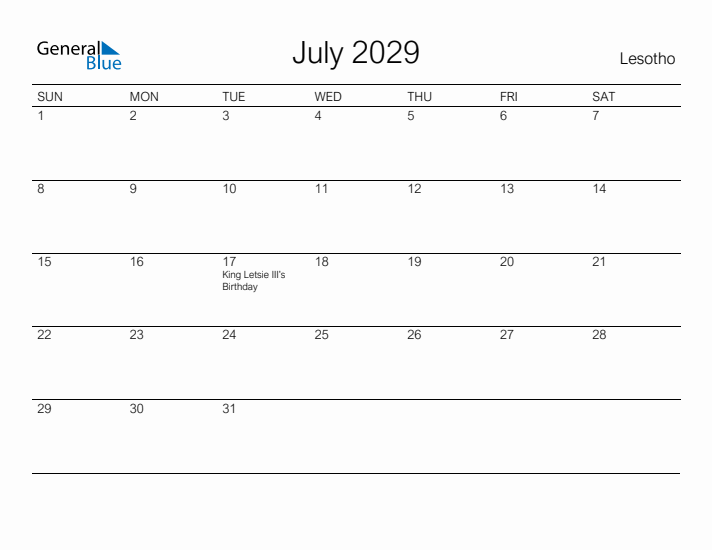 Printable July 2029 Calendar for Lesotho